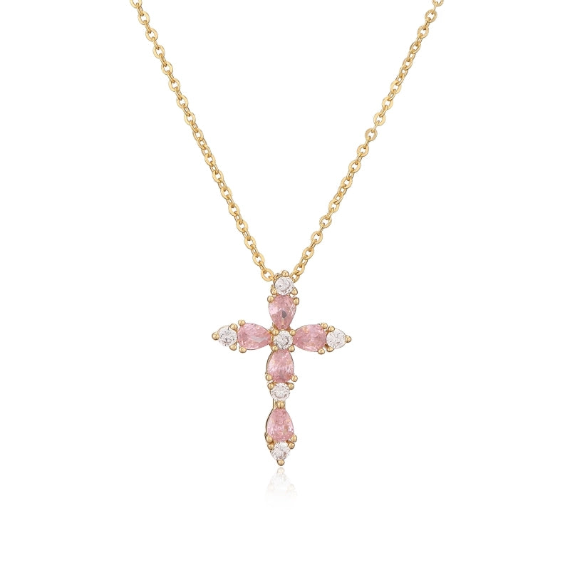 Copper 18K Gold Plated Cross Inlay Zircon Pendant Necklace