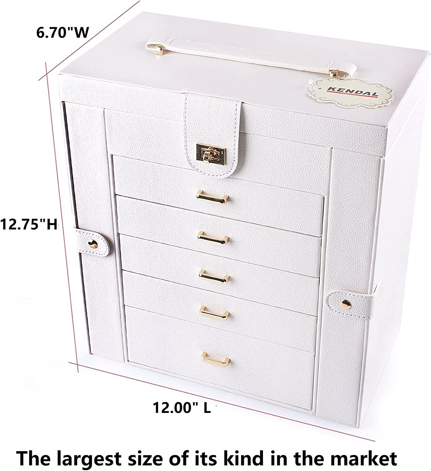 Extra Large Jewelry Box Jewelry Case PU Leather 6 Tier 5 Drawers Large Storage Capacity with Mirror Jewelry Storage Organizer Great Gift Also Good for Watches Ljc-Shd5Cm(White)