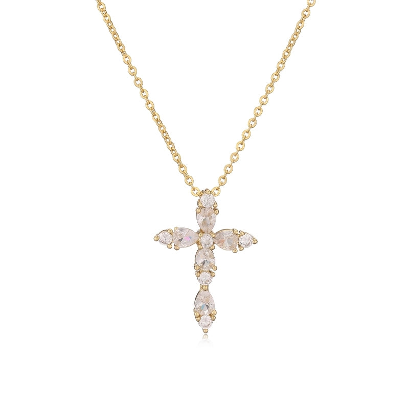 Copper 18K Gold Plated Cross Inlay Zircon Pendant Necklace