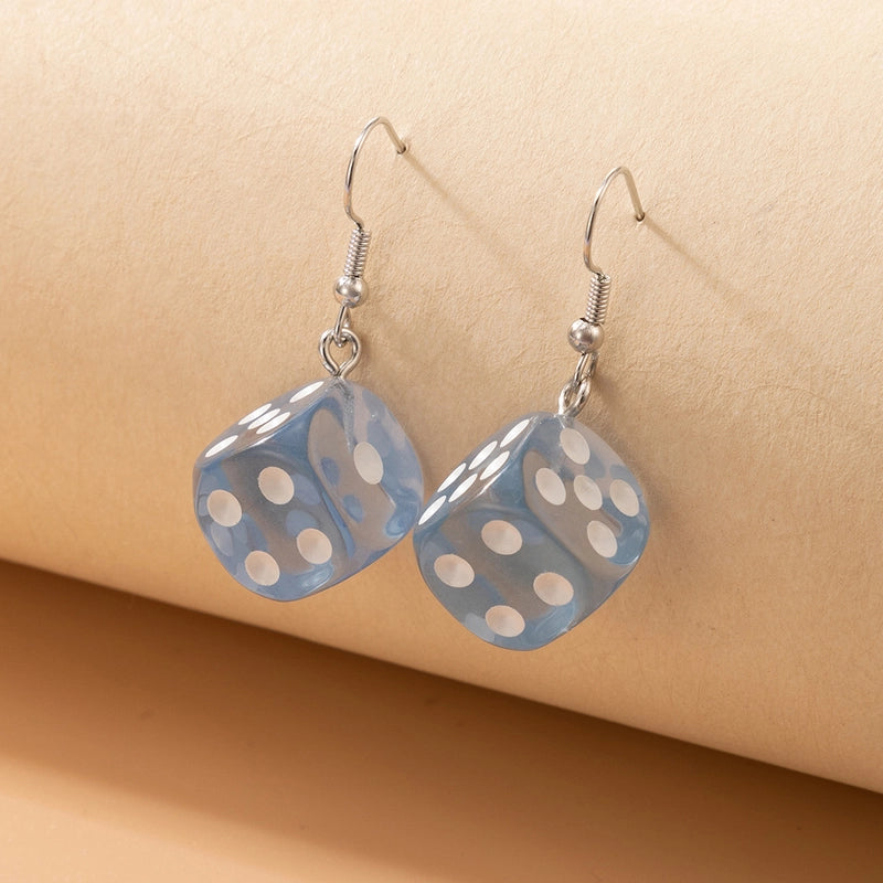 Blue Novelty Square Dice Plastic Resin Drop Earrings