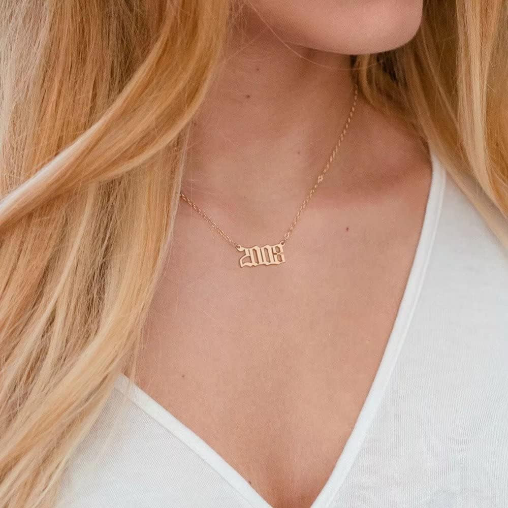 Birth Year Necklace for Women, 18K Gold Plated Old English Birth Year Number Pendant Necklace Jewelry Gifts for Women Birthday Anniversary, 1970-2021