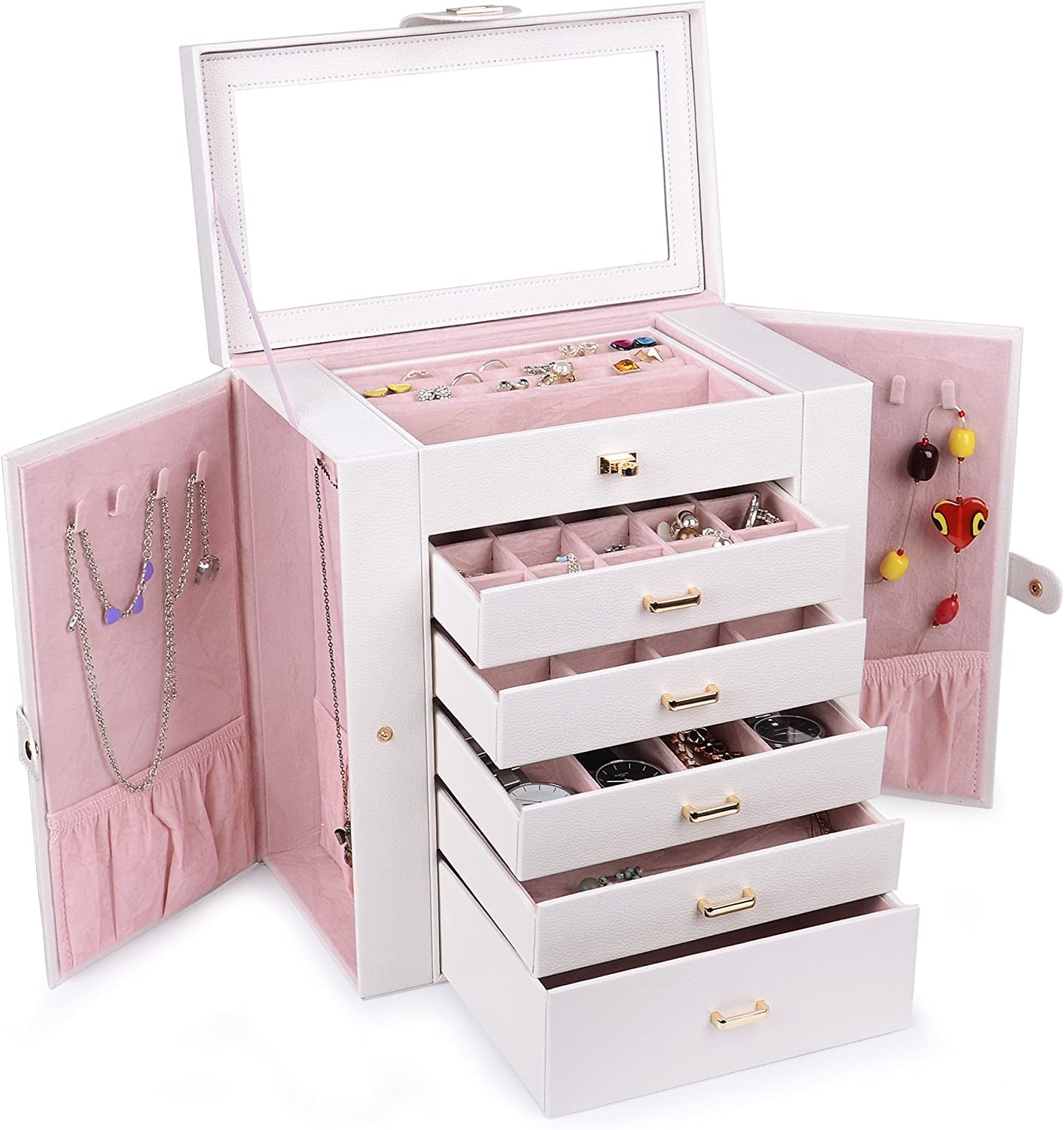 Extra Large Jewelry Box Jewelry Case PU Leather 6 Tier 5 Drawers Large Storage Capacity with Mirror Jewelry Storage Organizer Great Gift Also Good for Watches Ljc-Shd5Cm(White)