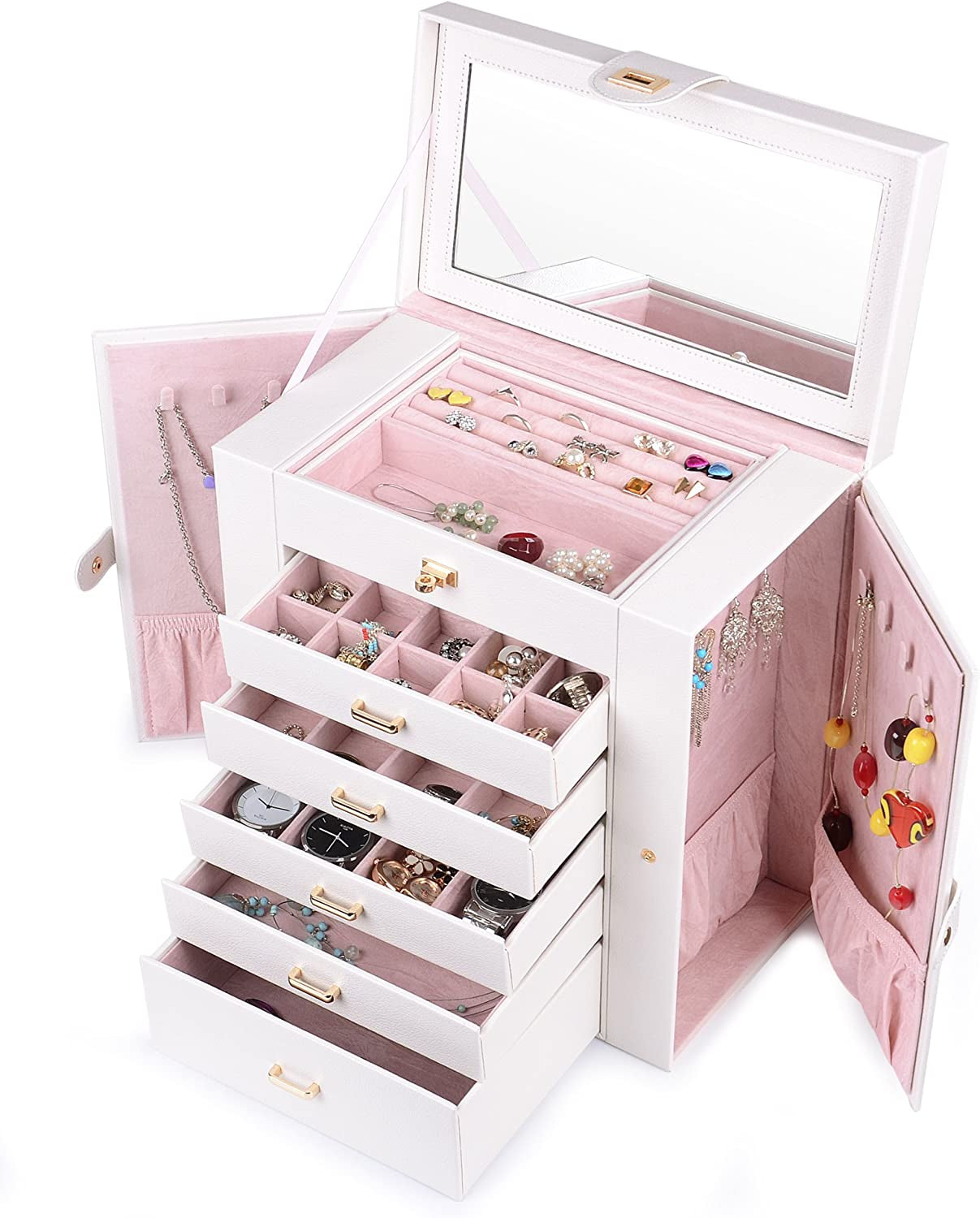 Extra Large Jewelry Box Jewelry Case PU Leather 6 Tier 5 Drawers Large Storage Capacity with Mirror Jewelry Storage Organizer Great Gift Also Good for Watches Ljc-Shd5Cm(White)