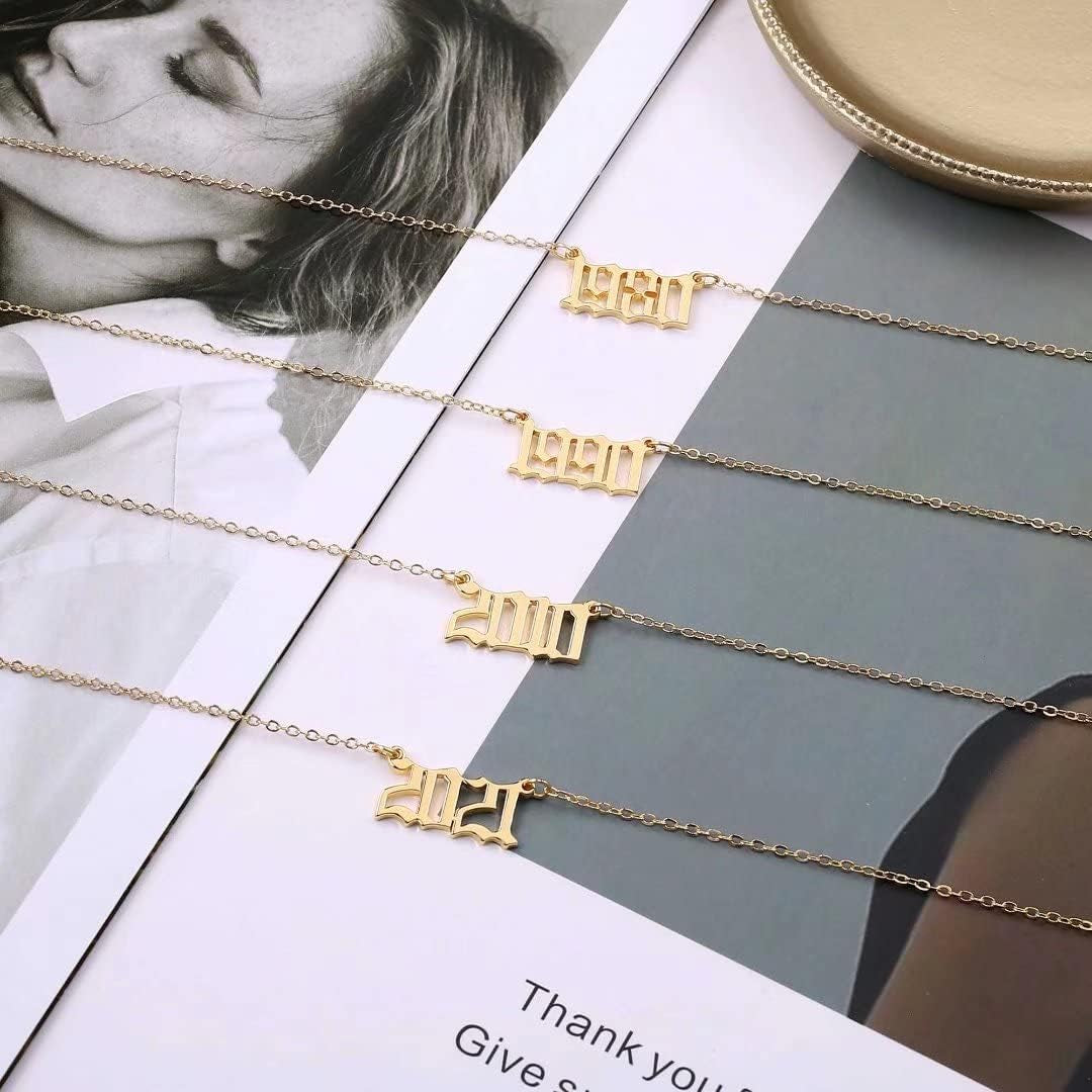 Birth Year Necklace for Women, 18K Gold Plated Old English Birth Year Number Pendant Necklace Jewelry Gifts for Women Birthday Anniversary, 1970-2021